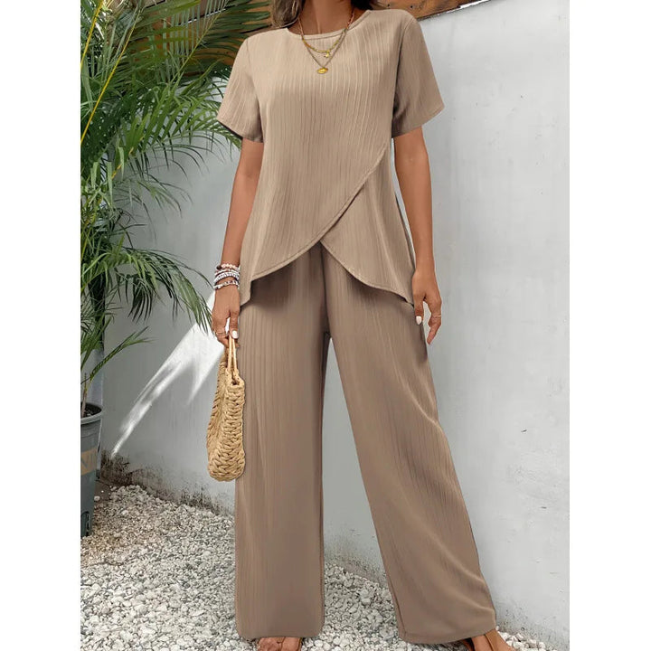 Dam Tvådelad Set Blus och Byxor - Elegant Vardagsstil - Khaki