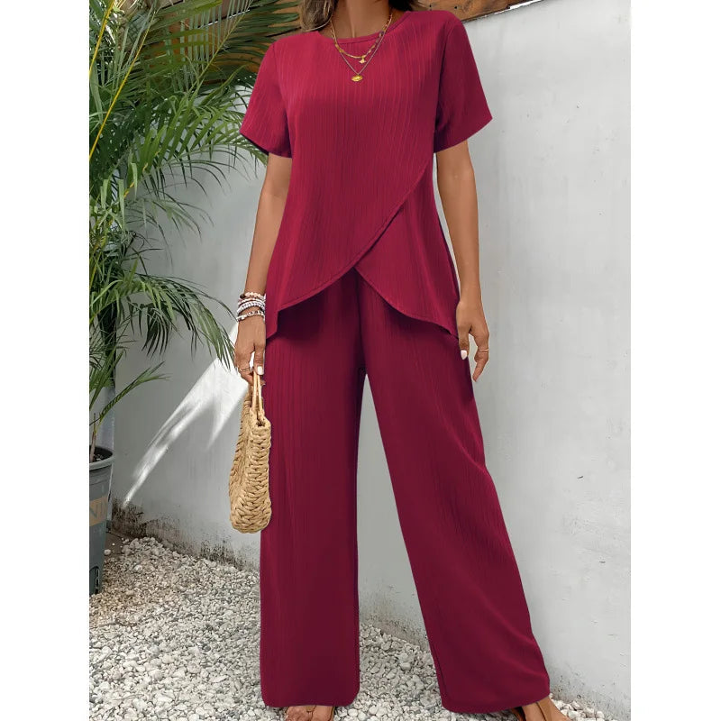 Dam Tvådelad Set Blus och Byxor - Elegant Vardagsstil - Röd