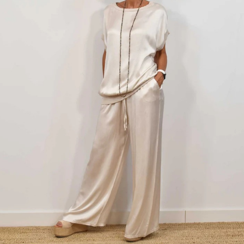 Dam Tvådelad Set Blus och Byxor - Elegant - Vit
