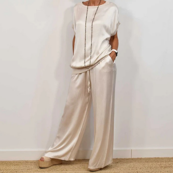 Dam Tvådelad Set Blus och Byxor - Elegant - Vit