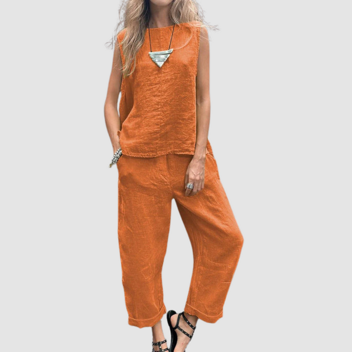 Dam Tvådelad Sommarset Linne och Byxor - Luftig Stil - Orange