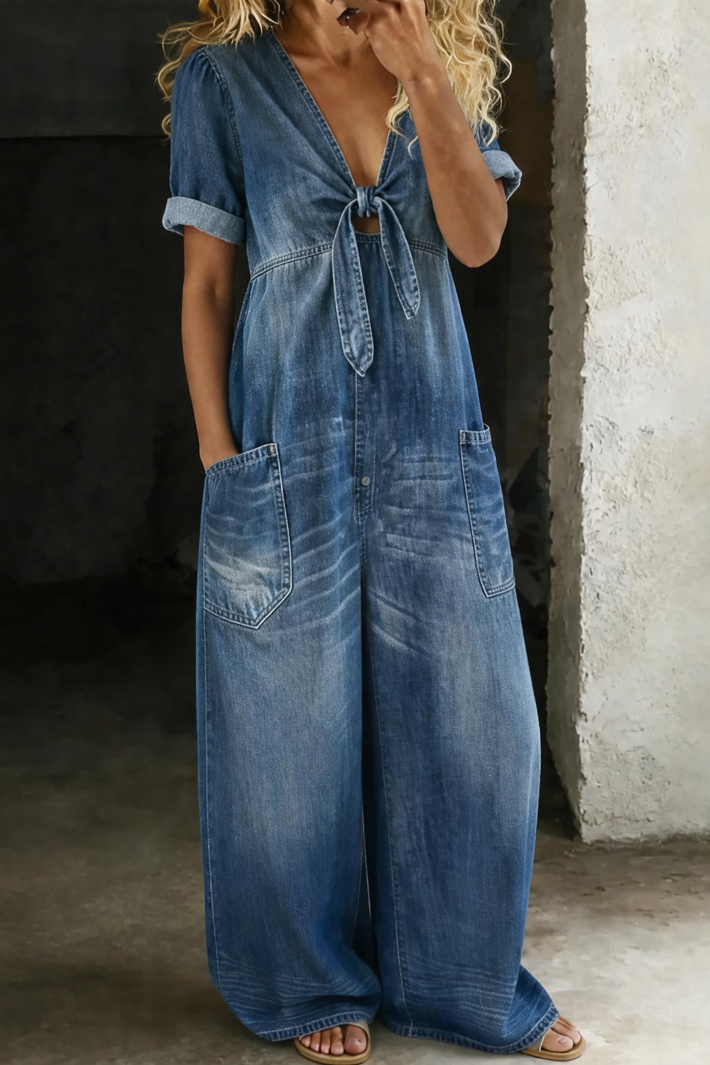 Dam V-ringning kort ärm jumpsuit - Enkel elegans - Blå