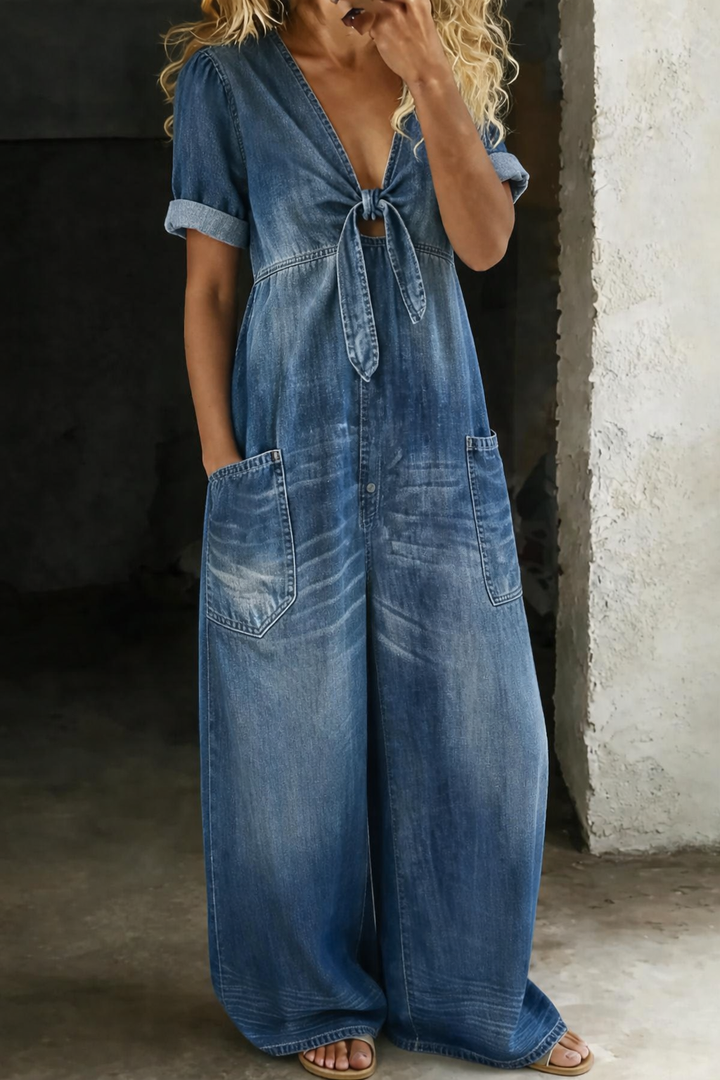 Dam V-ringning kort ärm jumpsuit - Enkel elegans - Blå