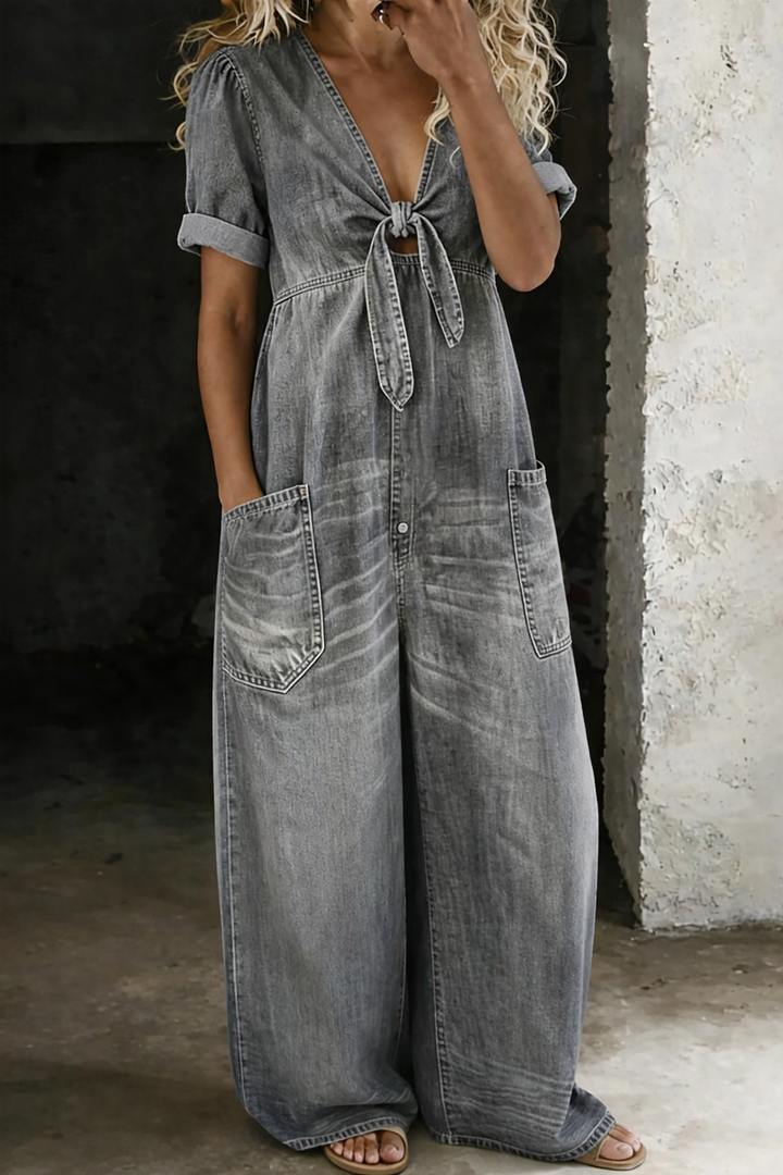 Dam V-ringning kort ärm jumpsuit - Enkel elegans - Grå