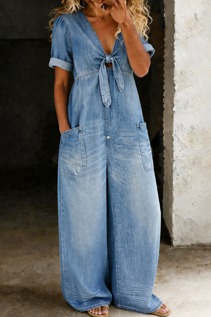 Dam V-ringning kort ärm jumpsuit - Enkel elegans - Ljusblå