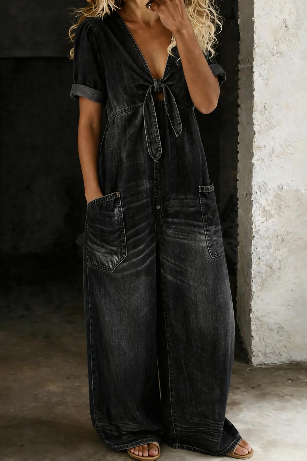 Dam V-ringning kort ärm jumpsuit - Enkel elegans - Svart