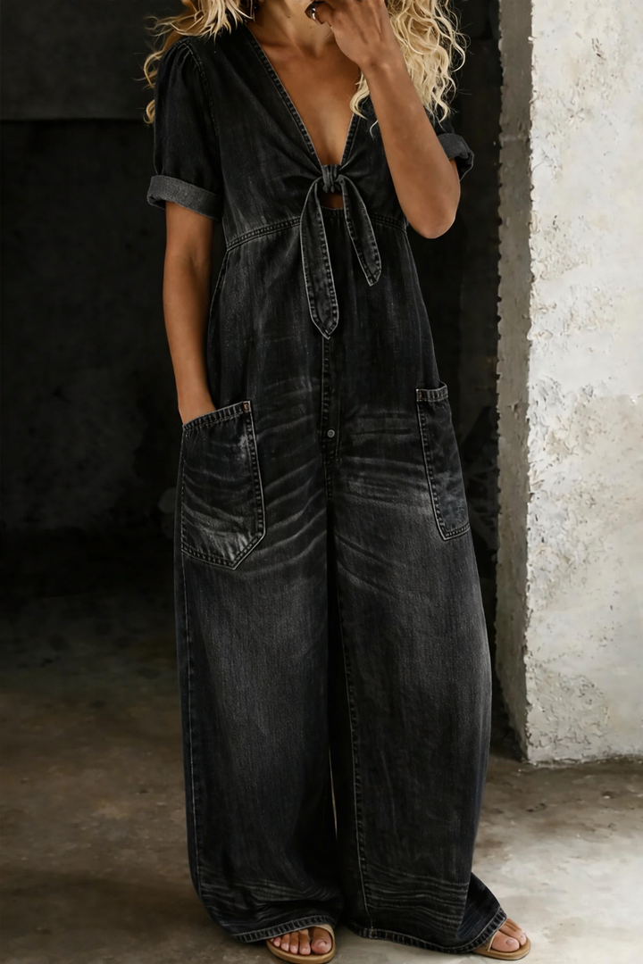 Dam V-ringning kort ärm jumpsuit - Enkel elegans - Svart