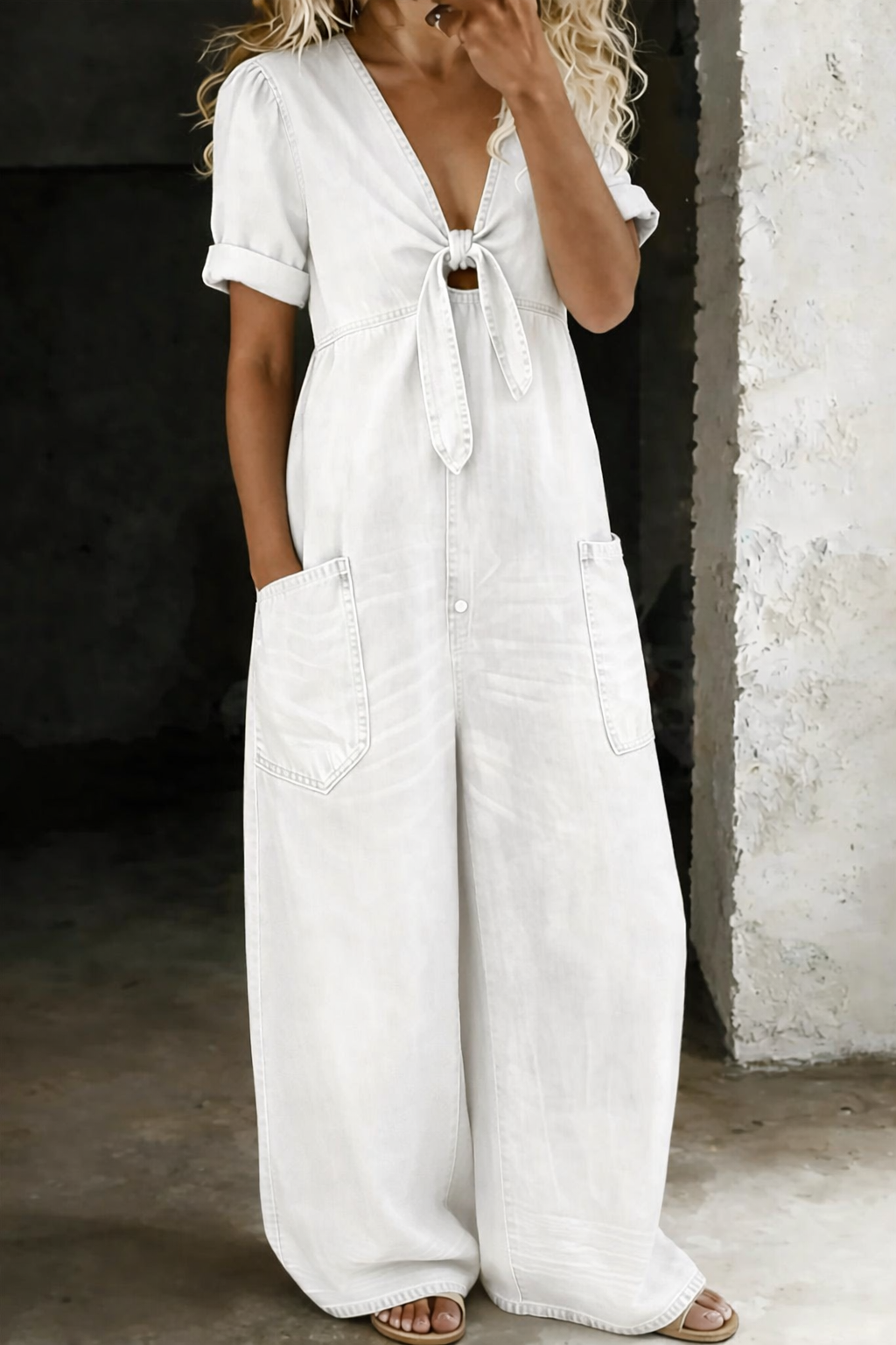Dam V-ringning kort ärm jumpsuit - Enkel elegans - Vit