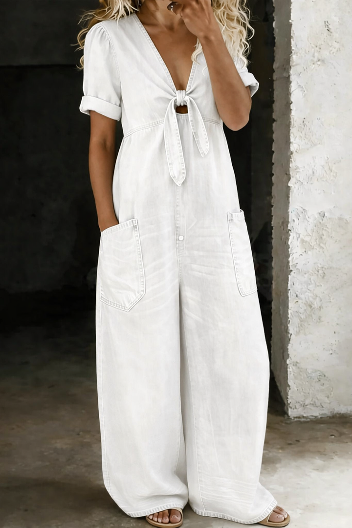 Dam V-ringning kort ärm jumpsuit - Enkel elegans - Vit