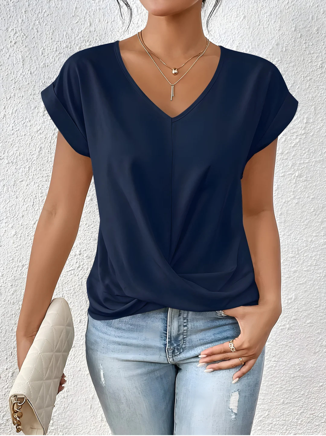 Dam V-ringning Vridning Fram Topp - Casual Stil - Marinblå