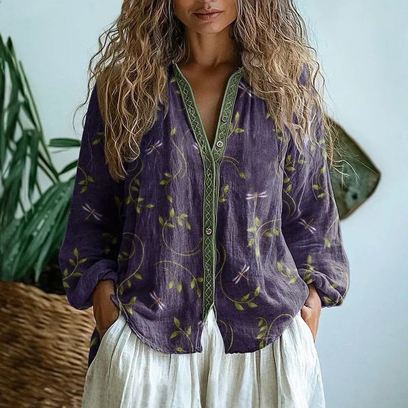 Dam Vintage Blommönster Skjorta - Elegant Klassisk Stil - Lila