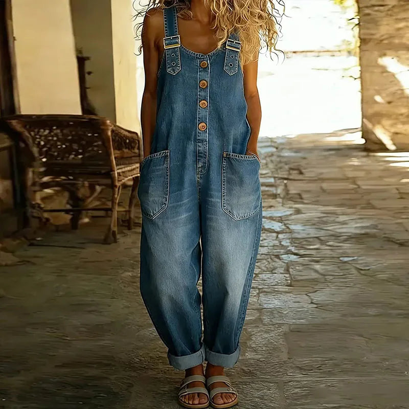 Dam Vintage Denim-Look Overaller - Bekväm Klassiker - Blå