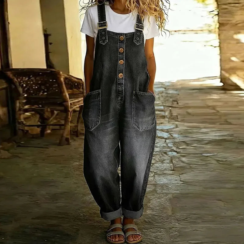 Dam Vintage Denim-Look Overaller - Bekväm Klassiker - Svart