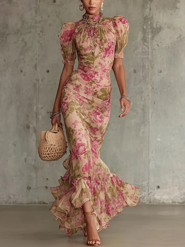 Dam Vintage Puffärm Maxiklänning - Romantisk Rosdesign - Rosa
