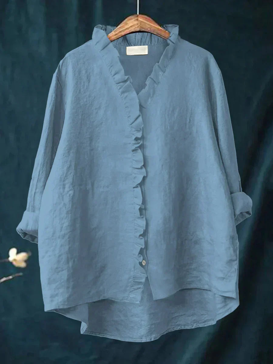 Dam Volang V-ringning Blus - Casual Elegans - Blå
