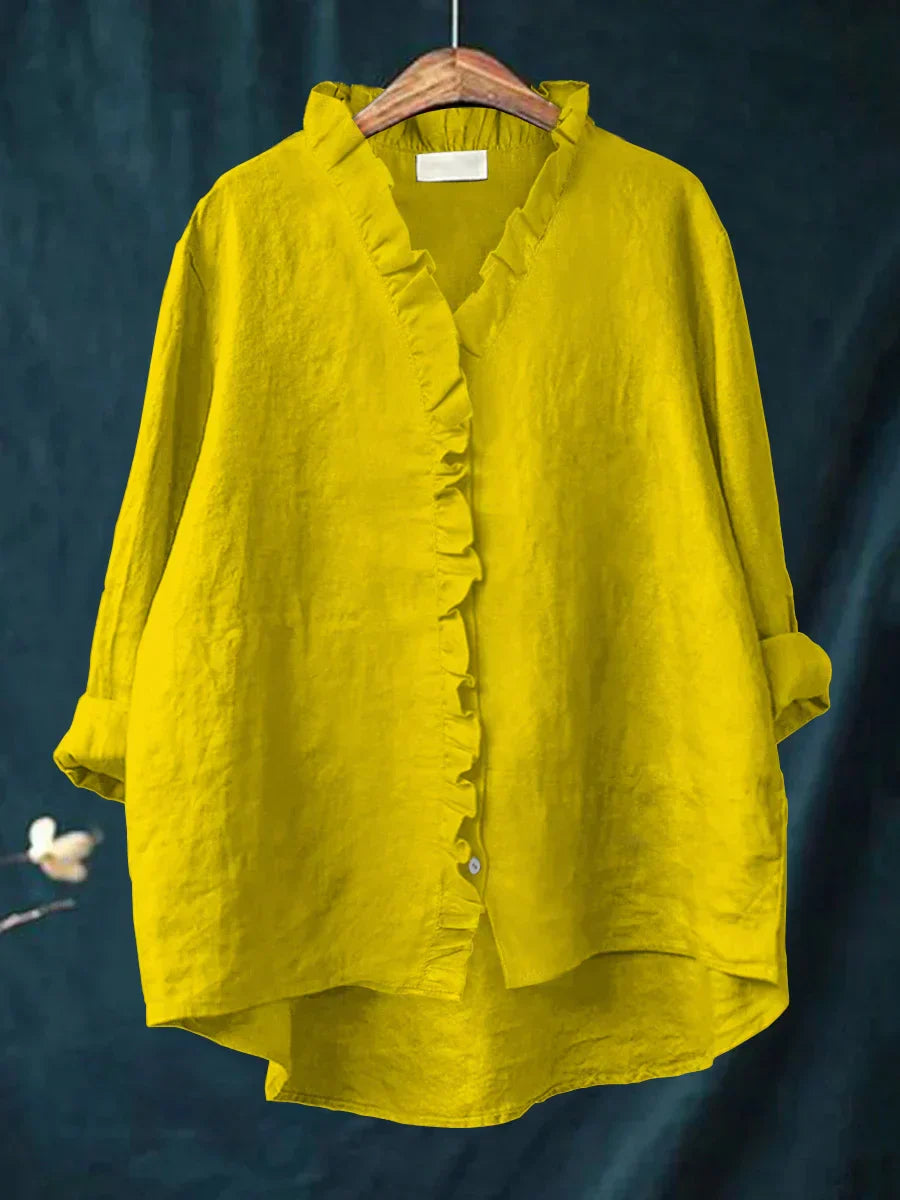 Dam Volang V-ringning Blus - Casual Elegans - Gul