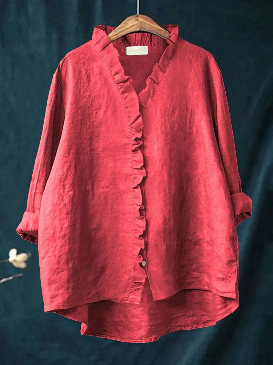 Dam Volang V-ringning Blus - Casual Elegans - Röd