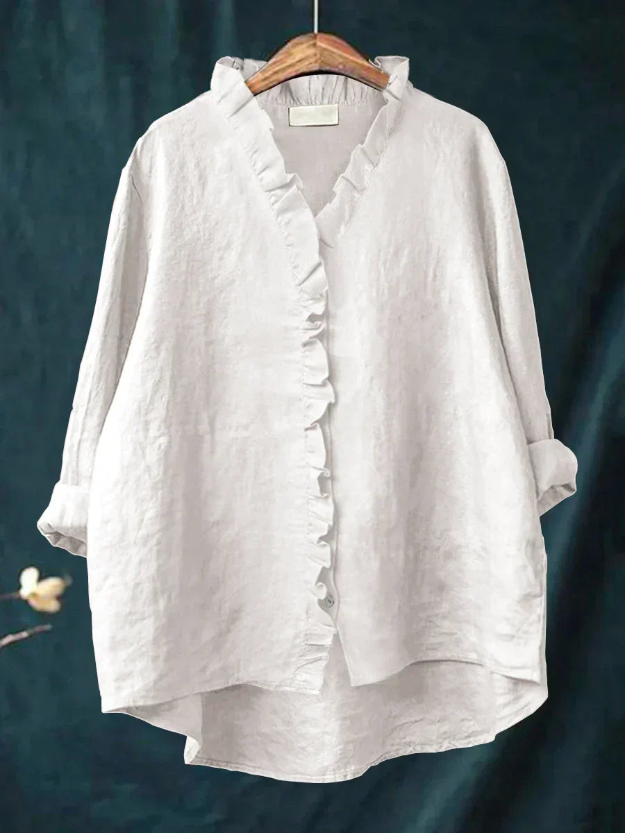 Dam Volang V-ringning Blus - Casual Elegans - Vit