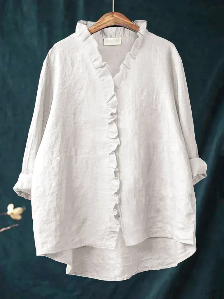Dam Volang V-ringning Blus - Casual Elegans - Vit