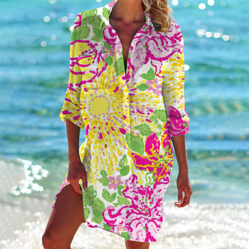 Klassisk Sommarblus för Dam | Blominspirerade Färger | Lång A-Linje Passform | Polyester
