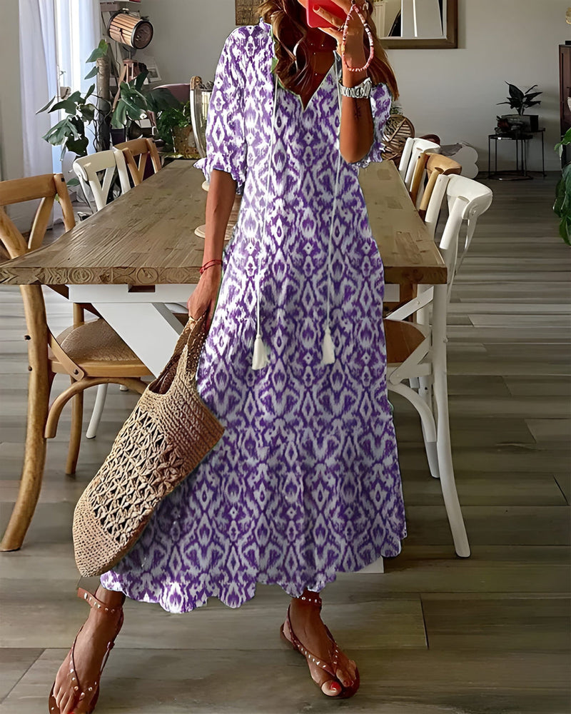 Maxiklänning för Dam | Elegant V-ringning & A-linjeform | Tryckt Mönster | Polyester/Elastan