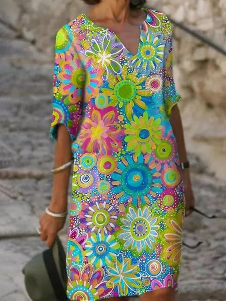 Damklänning | V-ringning med Blommönster | Feminin & Bekväm | Polyester