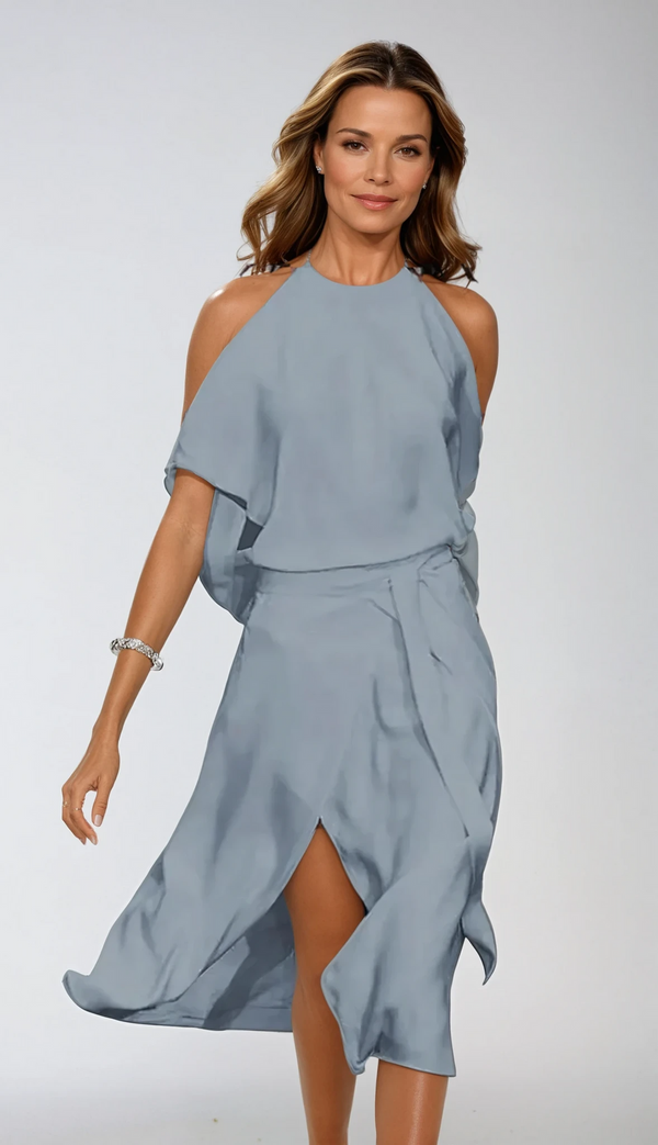 Damklänning | Cold Shoulder Midi | Flödande & Smickrande Passform | Polyesterblandning
