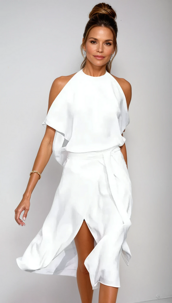 Damklänning | Cold Shoulder Midi | Flödande & Smickrande Passform | Polyesterblandning