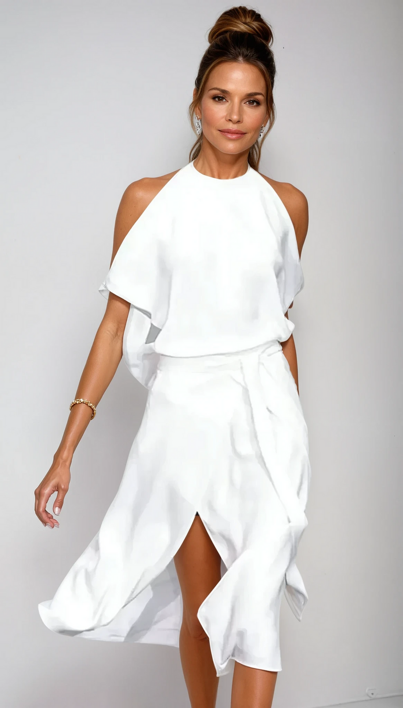 Damklänning | Cold Shoulder Midi | Flödande & Smickrande Passform | Polyesterblandning