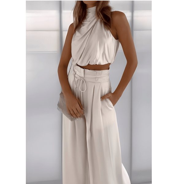 Tvådelad Damkostym | Sommarset med Ärmlös Crop Top | Avslappnad & Trendig | Polyester