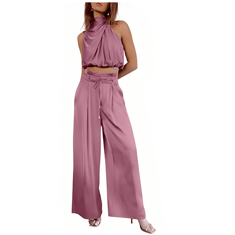 Tvådelad Damkostym | Sommarset med Ärmlös Crop Top | Avslappnad & Trendig | Polyester