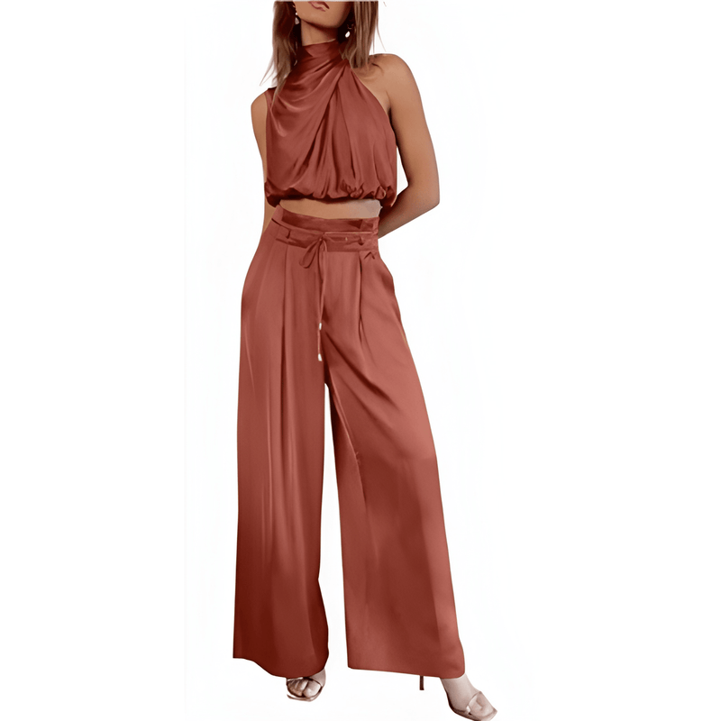 Tvådelad Damkostym | Sommarset med Ärmlös Crop Top | Avslappnad & Trendig | Polyester