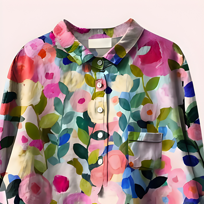 Blommig Damblusa | Elegant & Andningsbar | Sommarstil | Bomstickad strukturslätt sommarväv, naturlig struktur