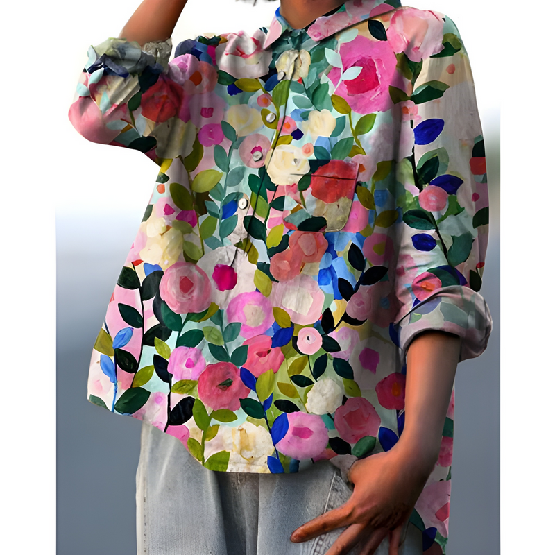 Blommig Damblusa | Elegant & Andningsbar | Sommarstil | Bomstickad strukturslätt sommarväv, naturlig struktur