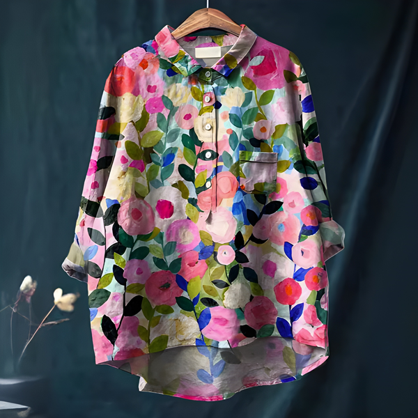 Blommig Damblusa | Elegant & Andningsbar | Sommarstil | Bomstickad strukturslätt sommarväv, naturlig struktur