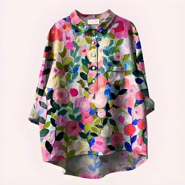Blommig Damblusa | Elegant & Andningsbar | Sommarstil | Bomstickad strukturslätt sommarväv, naturlig struktur