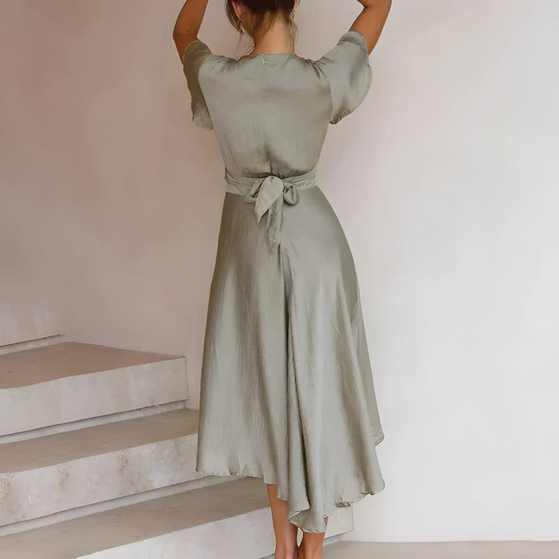 Långklänning för Dam | Elegant V-ringning med Puffärmar | Korsettmidja & Asymmetrisk Kjol | Polyester