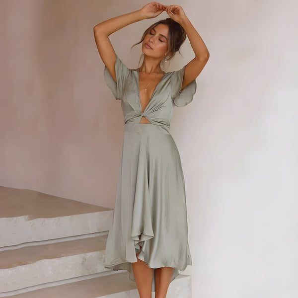 Långklänning för Dam | Elegant V-ringning med Puffärmar | Korsettmidja & Asymmetrisk Kjol | Polyester