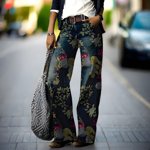 Dambyxa Casual | Retro Blommönster | Vida Ben med Fickor | Sommarstil