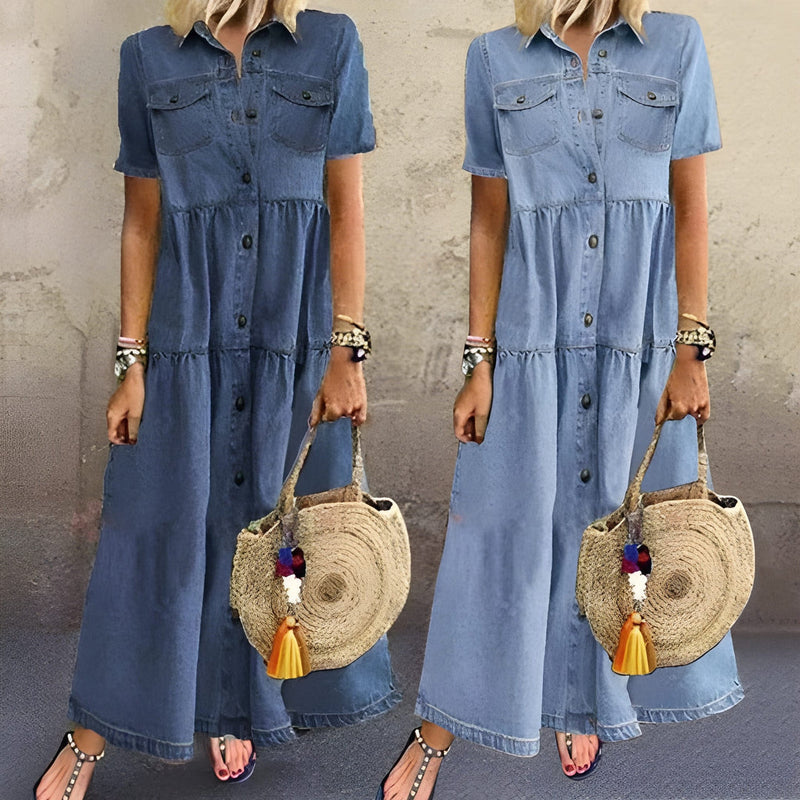 Maxiklänning Dam | V-Ringning Boho Stil | Hög Midja & Lös Passform | Polyester