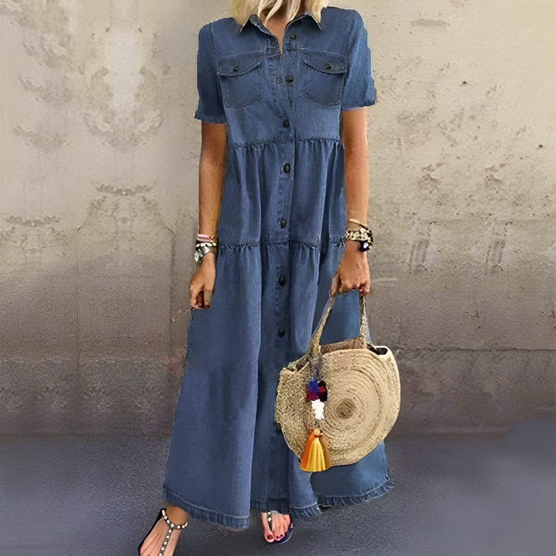 Maxiklänning Dam | V-Ringning Boho Stil | Hög Midja & Lös Passform | Polyester