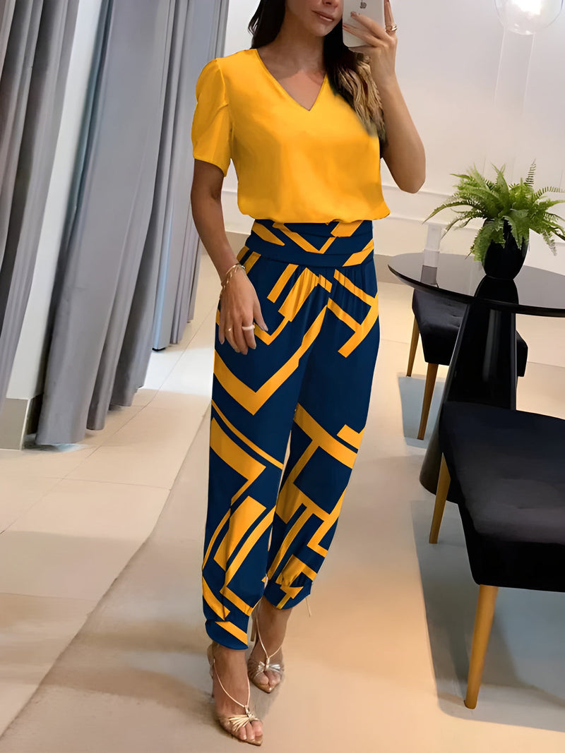 Tvädelat Set Dam | V-Ringad Mönstrad Topp & Byxa | Avslappnad Sommarlook | Polyester