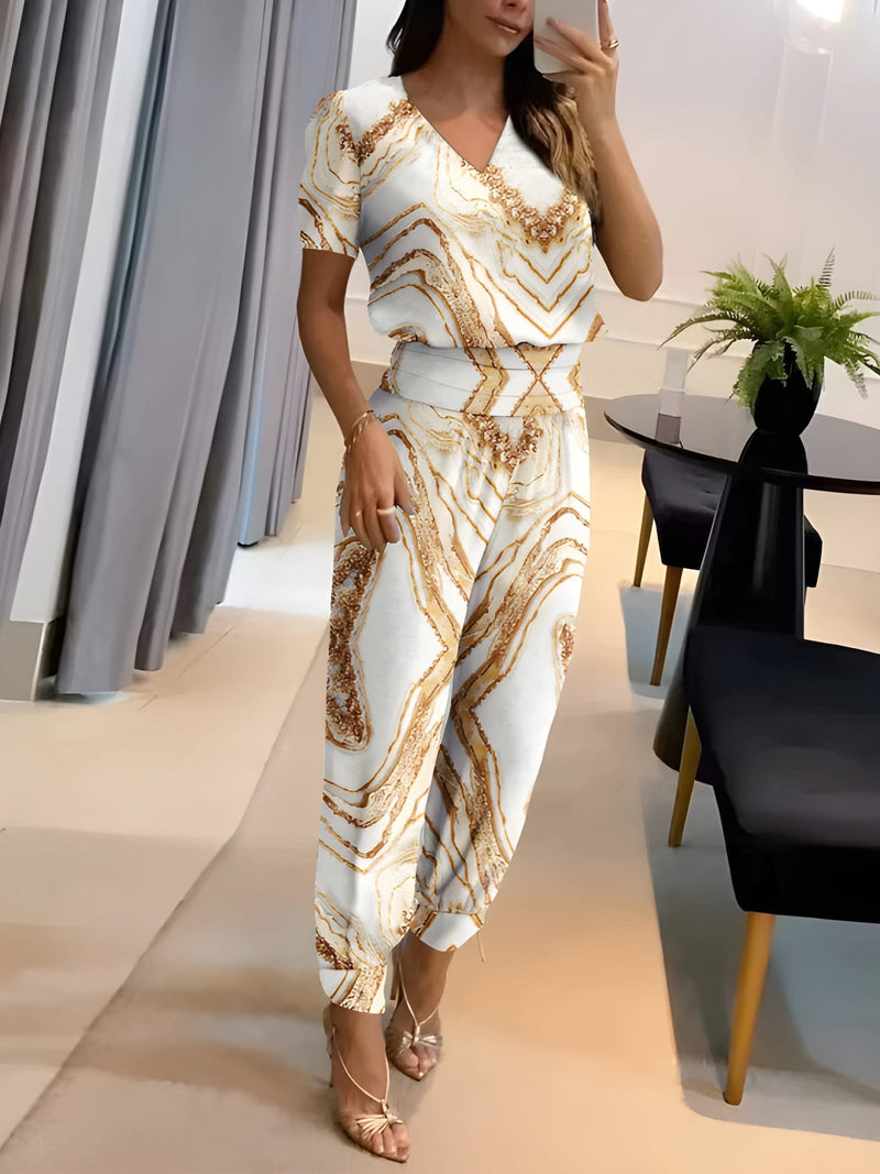 Tvädelat Set Dam | V-Ringad Mönstrad Topp & Byxa | Avslappnad Sommarlook | Polyester