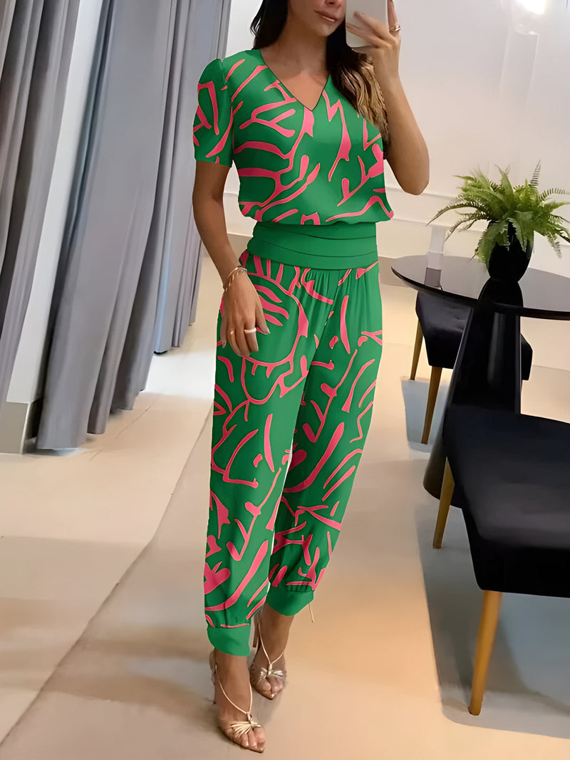 Tvädelat Set Dam | V-Ringad Mönstrad Topp & Byxa | Avslappnad Sommarlook | Polyester