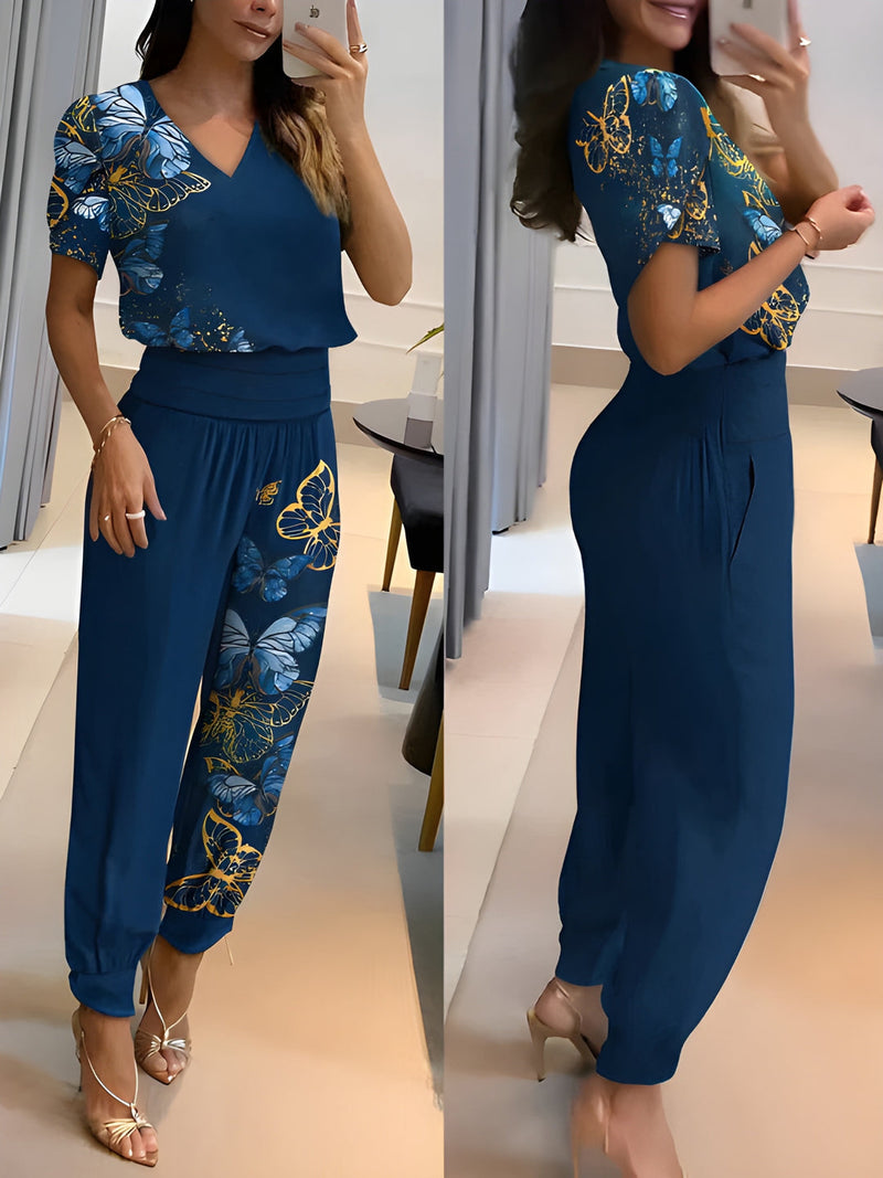 Tvädelat Set Dam | V-Ringad Mönstrad Topp & Byxa | Avslappnad Sommarlook | Polyester