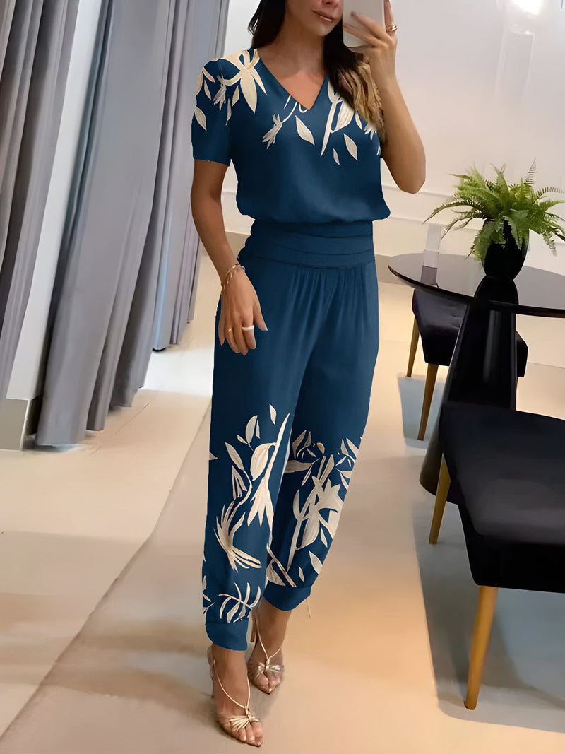 Tvädelat Set Dam | V-Ringad Mönstrad Topp & Byxa | Avslappnad Sommarlook | Polyester