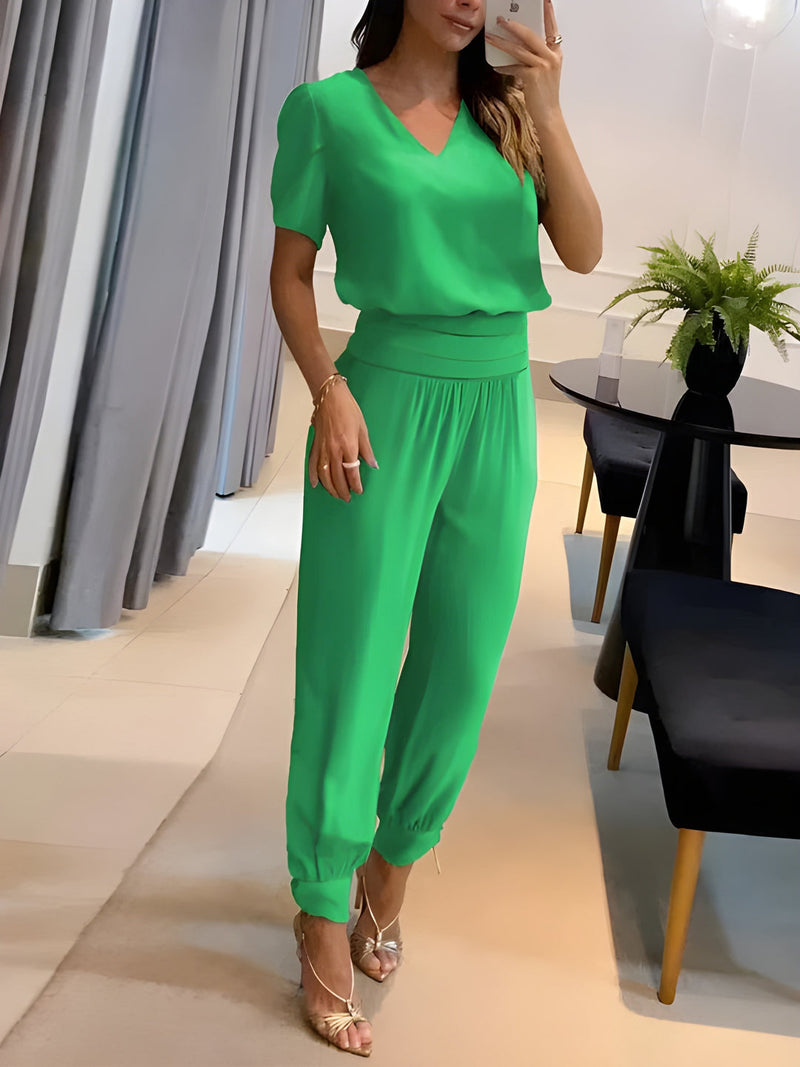 Tvädelat Set Dam | V-Ringad Mönstrad Topp & Byxa | Avslappnad Sommarlook | Polyester