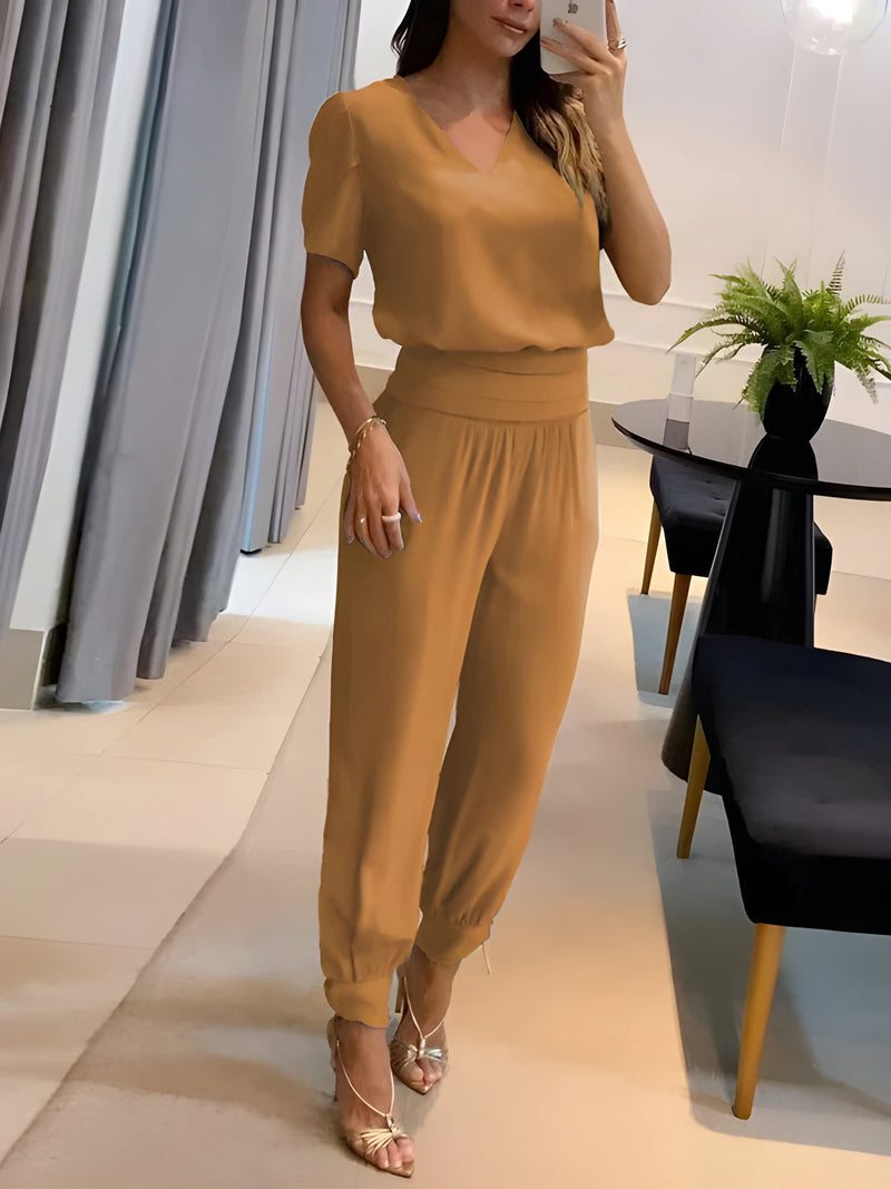 Tvädelat Set Dam | V-Ringad Mönstrad Topp & Byxa | Avslappnad Sommarlook | Polyester