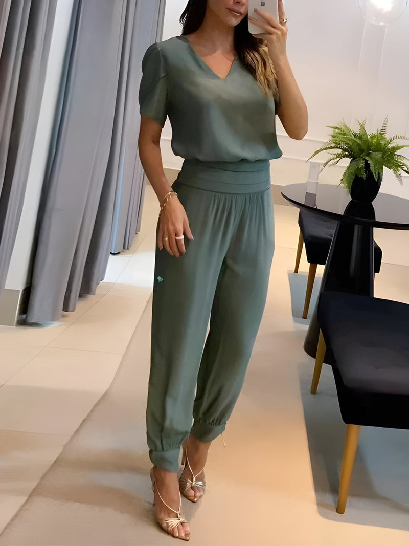 Tvädelat Set Dam | V-Ringad Mönstrad Topp & Byxa | Avslappnad Sommarlook | Polyester