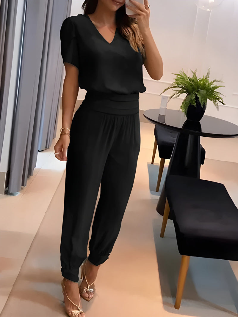 Tvädelat Set Dam | V-Ringad Mönstrad Topp & Byxa | Avslappnad Sommarlook | Polyester